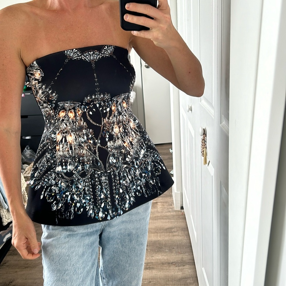 Clover Canyon Black Strapless Crystal-Print Peplum Top